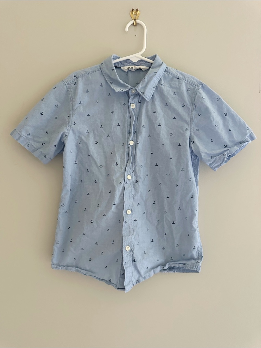 H&M Boys Anchor Print Short Sleeve Button-Up Shirt, Size 8 / 134, Light Blue Nav